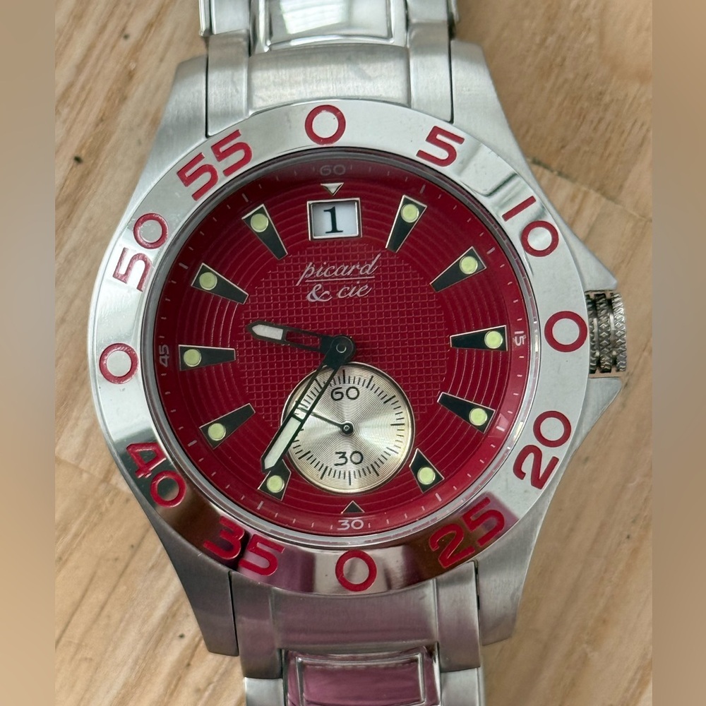 Picard & Cie Luxury Men’s Watch Red Dial All Stainless Bracelet Case Date Window